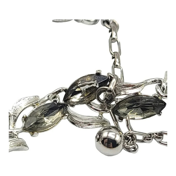 Silver Toned Floral Leaf Gray Rhinestone Adjustable Choker Necklace Vintage - Picture 6 of 7